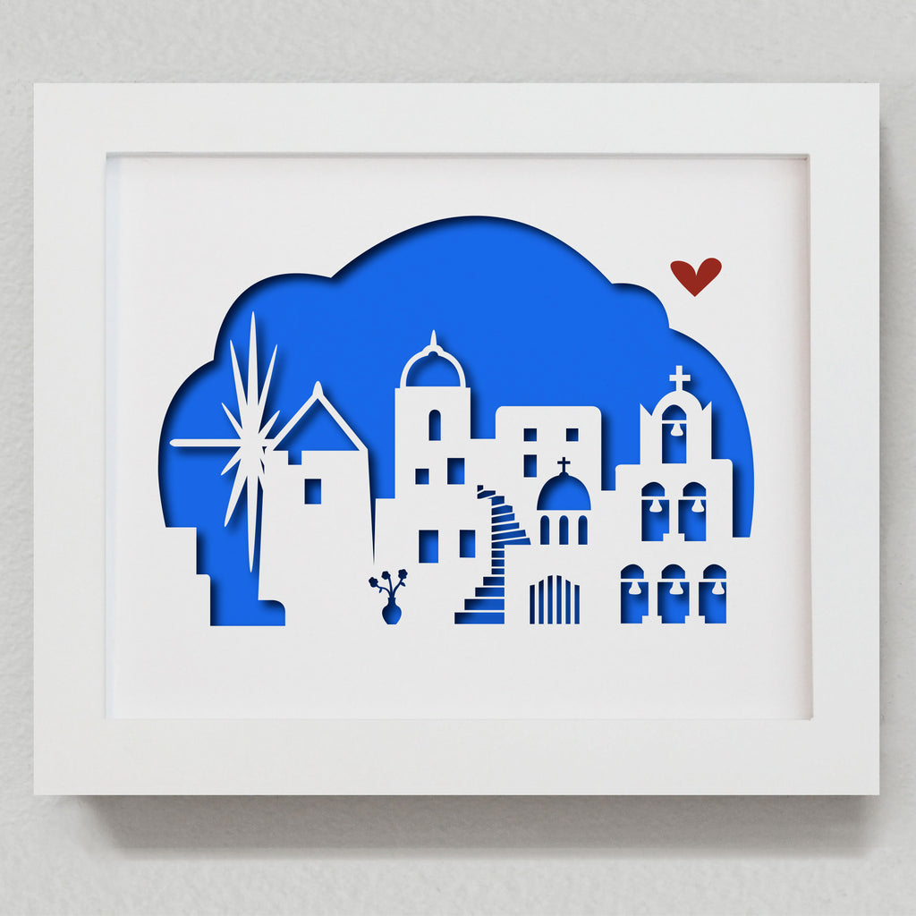 Santorini, Greece -  city skyline cityscape papercut 3D artwork makes a unique gift idea for him or her