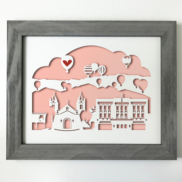 Albuquerque New Mexico with hot air balloons city skyline cityscape papercut 3D artwork makes a unique gift for wedding anniversary going away birthday office home decor Christmas corporate Valentine's Easter