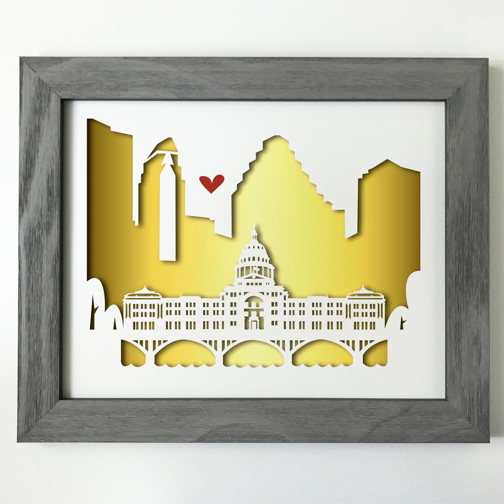 Austin Capitol city skyline cityscape papercut 3D artwork make a unique gift for wedding anniversary going away birthday office home decor Christmas corporate Valentine's Easter gold foil
