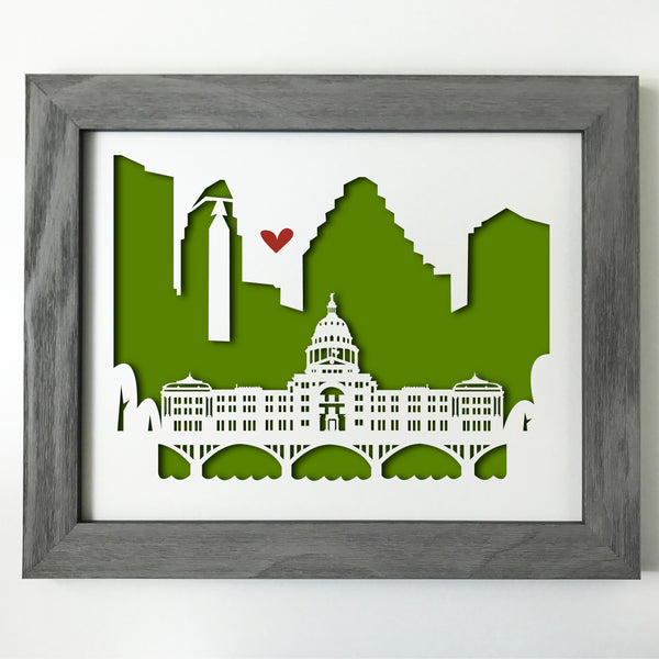 Austin Capitol city skyline cityscape papercut 3D artwork make a unique gift for wedding anniversary going away birthday office home decor Christmas corporate Valentine's Easter