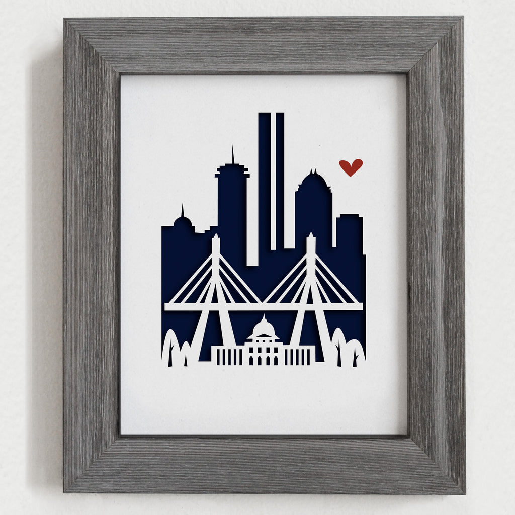 Boston city skyline cityscape papercut 3D art makes a unique gift for wedding anniversary going away birthday office home decor Christmas corporate Valentine's Easter
