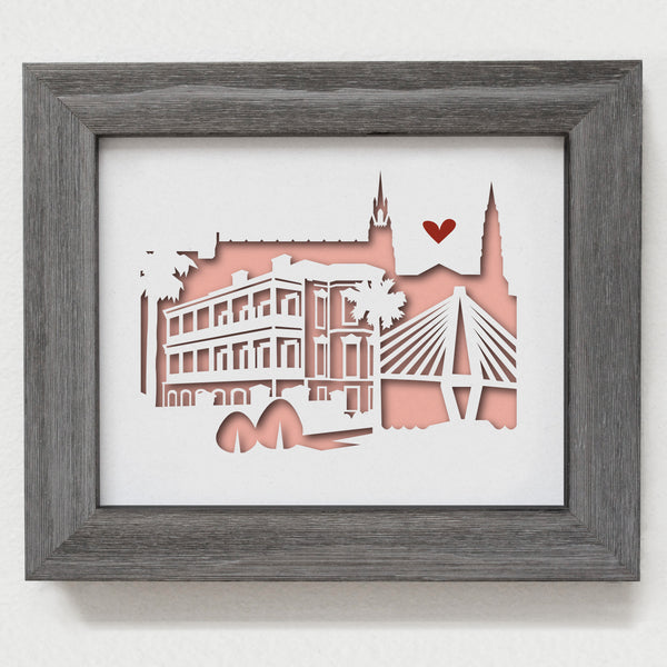 Charleston city skyline cityscape papercut 3D art makes a unique gift for wedding anniversary going away birthday office home decor Christmas corporate Valentine's Easter