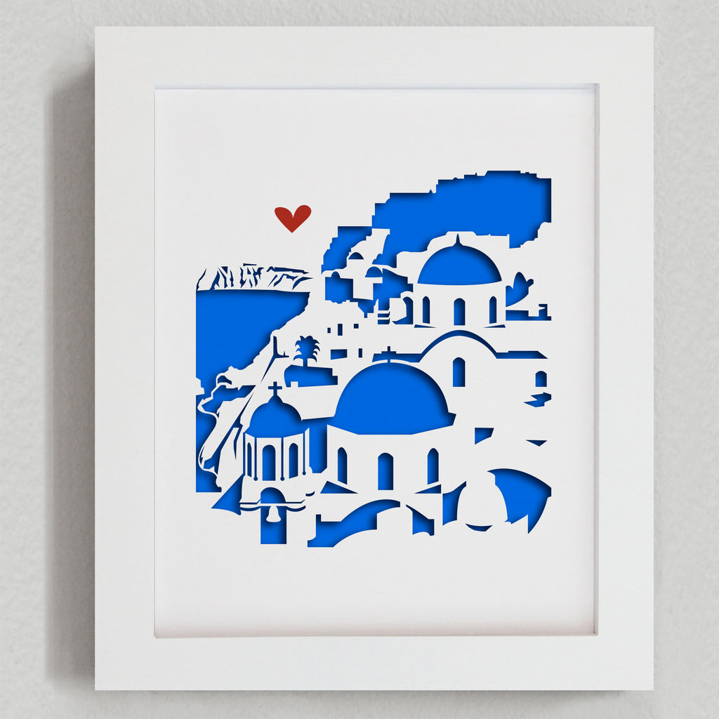 Santorini, Greece -  city skyline cityscape papercut 3D artwork makes a unique gift idea for him or her